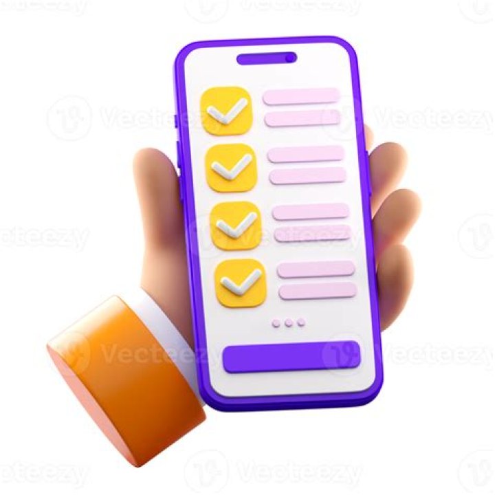 3D. Checklist on smartphone screen. Online survey concept. Hand holds