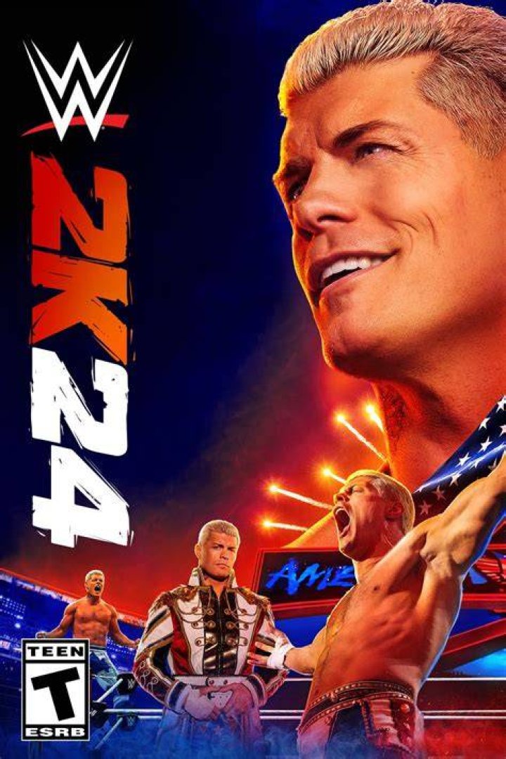 a 2k24 casket, and cody rhodes on the cover of wwe 2k24