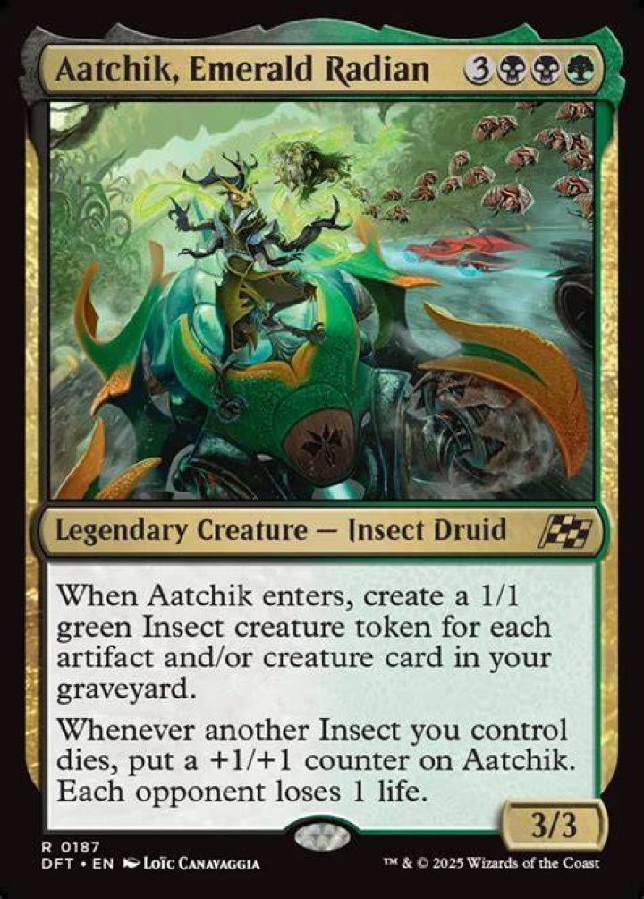 A green and black creature resembling a robot stands tall.