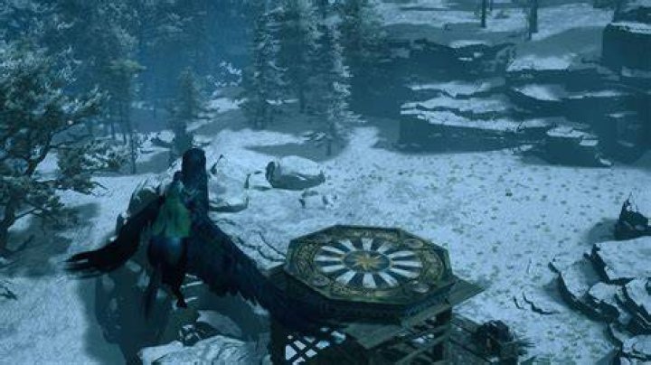A Hippogriff approaching a Landing Platform in Hogwarts Legacy