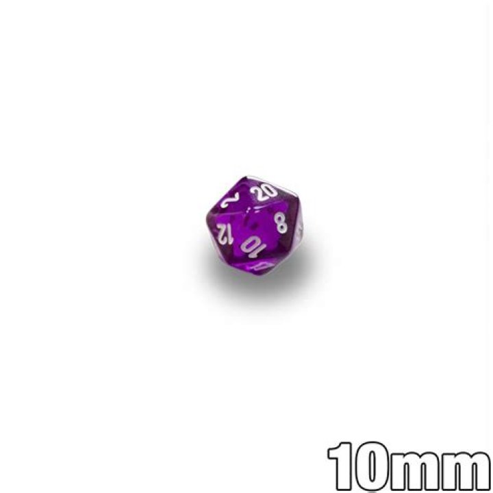 A purple metal 20 sided die on a pedestal with a blurred out dragon in the background