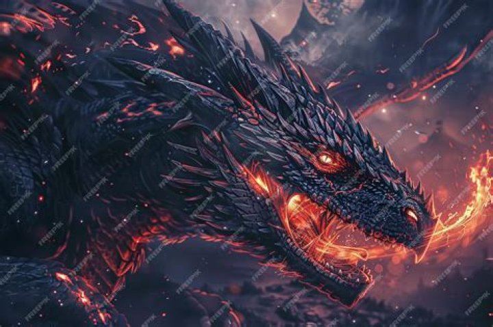 A red dragon-like creature with black spikes flies in the air surrounded by red particles.
