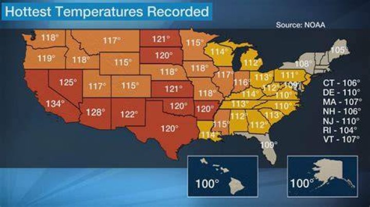 Hottest Temperature Recorded In Each US State Maps on the Web