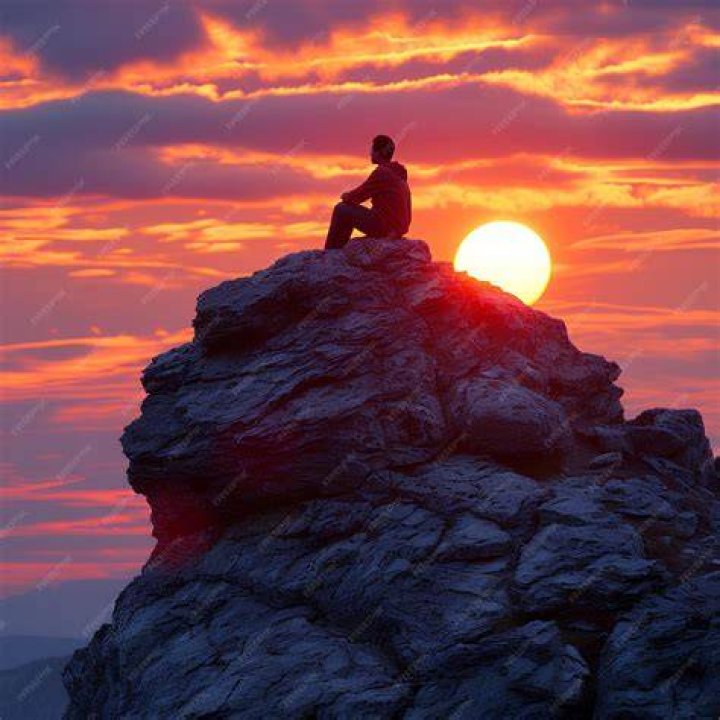 person sitting on a rock by a lake
