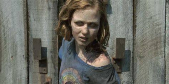 Sophia emerging from the barn on The Walking Dead with a funny caption.