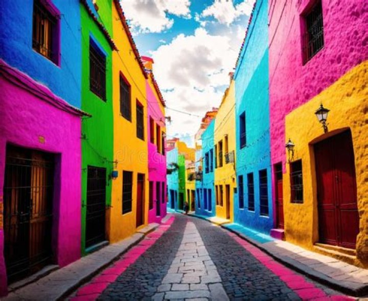 street lined with colorful buildings and trees with flowers